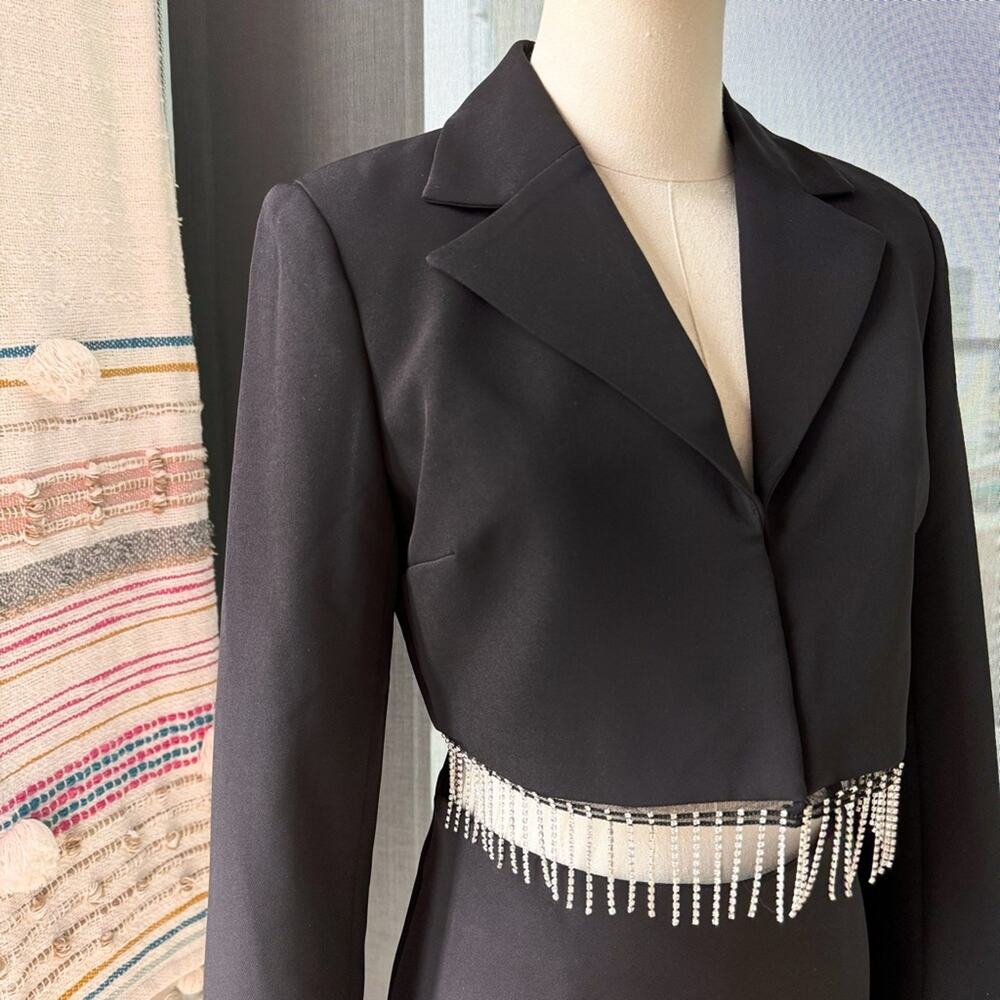 House of Harlow 1960 Black Rhinestone Fringe Blazer Mini Skirt Set Women’s Small - Picture 4 of 15